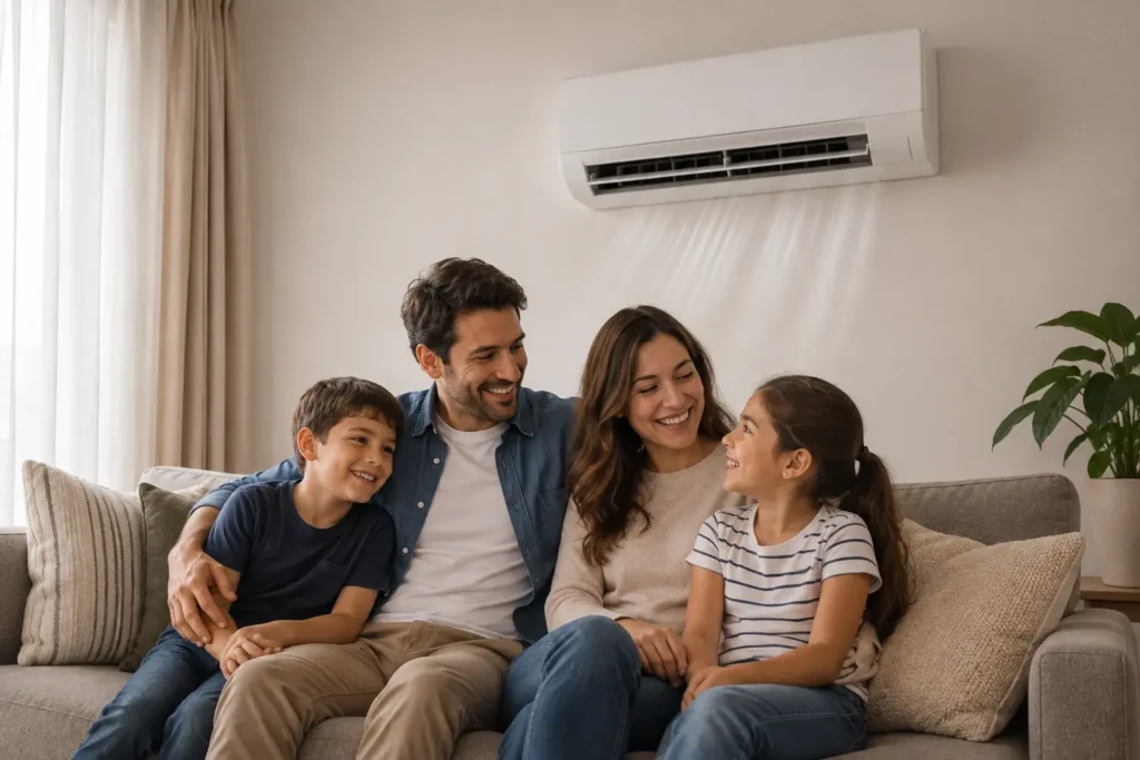 Familia en el living disfrutando el aire acondicionado split instalado por ClimaFix
